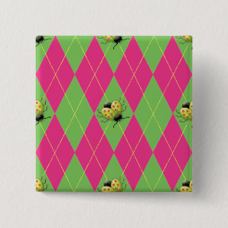 Pink & Green Argyle Ladybug 2 Inch Square Button