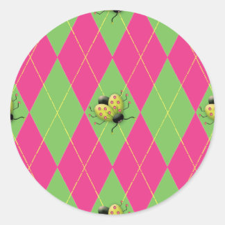 Pink & Green Argyle Ladybug Classic Round Sticker