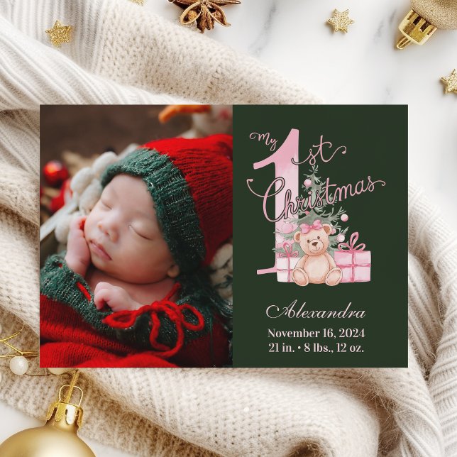 Pink Green Baby First Christmas Photo   Holiday Card (Creator Uploaded)