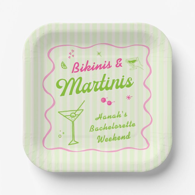 Pink & Green Bikinis and Martins Bach Party Paper Plate (Front)
