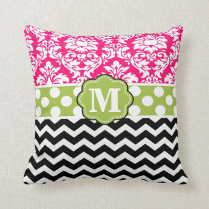Pink Green Black Damask Chevron Monogram Pillow