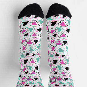 Pink Green Black Modern Hearts Valentine Pattern Socks