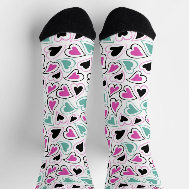 Pink Green Black Modern Hearts Valentine Pattern Socks (Top)