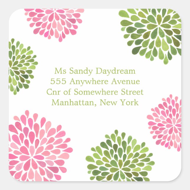 Pink & Green Blooms Address Wedding Seal Sticker (Front)