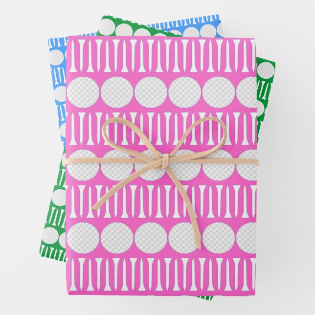 Pink Green & Blue Golf Balls & Tees  Wrapping Paper Sheet (In situ)