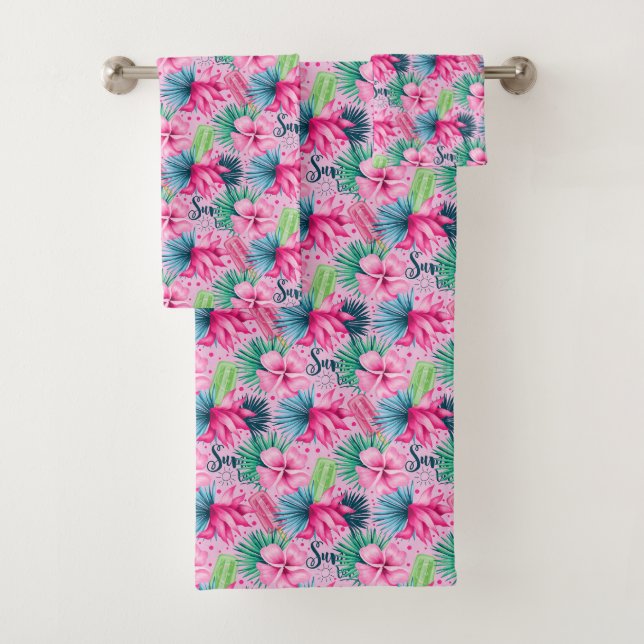 Pink Green Blue Tropical Summer Floral Flowers  Bath Towel Set (Insitu)