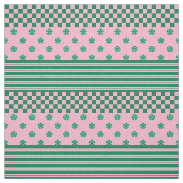 Pink Green Boho Check Floral Stripes Pattern Fabric (Swatch)