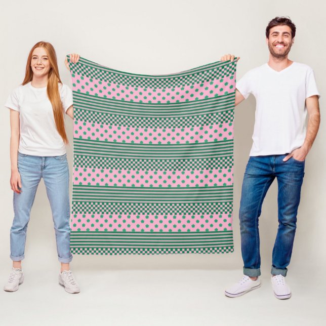 Pink Green Boho Check Floral Stripes Pattern Fleece Blanket (Creator Uploaded)
