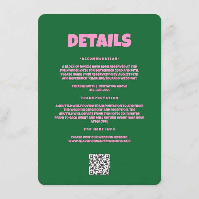 Pink Green Bold Funky Groovy Wedding Detail Enclosure Card (Front)
