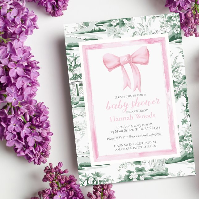 Pink & Green Bow Chinoiserie with backside editing Invitation (Creator Uploaded)