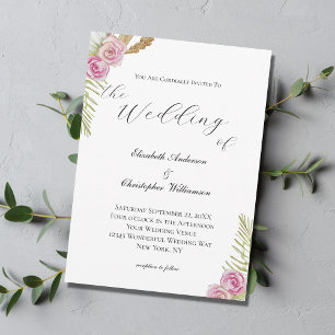 Pink Green Brown Floral Boho Watercolor Wedding Invitation