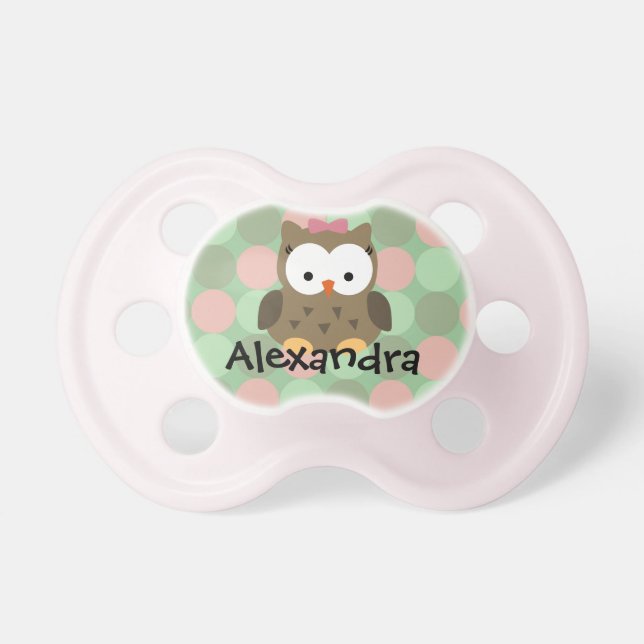 Pink/Green/Brown Owl, Personalized Girls Pacifier (Front)