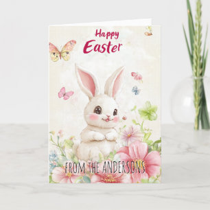 Pink green butterflies and cute bunny holiday card