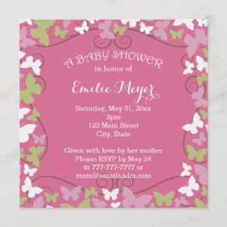 Pink Green Butterflies Baby Shower Invitation