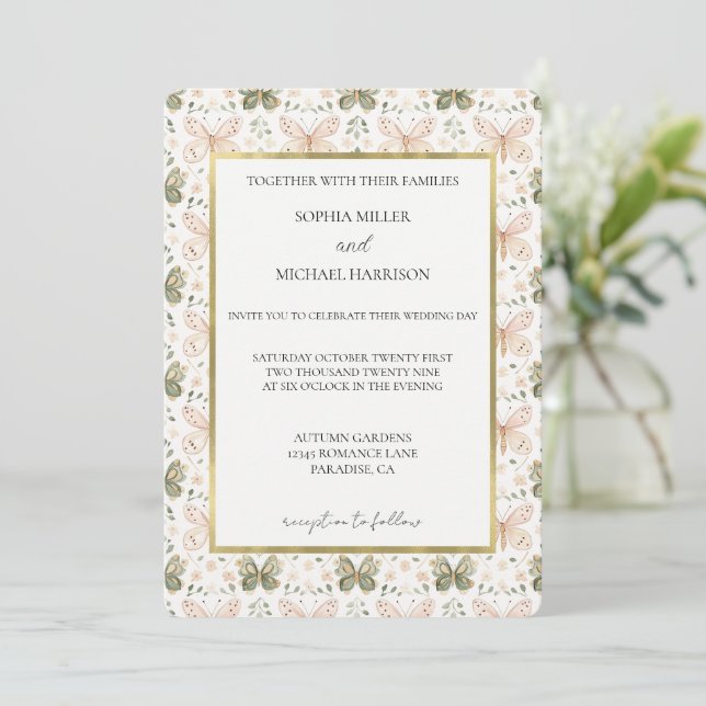 Pink Green Butterflies Wedding Invitation (Standing Front)