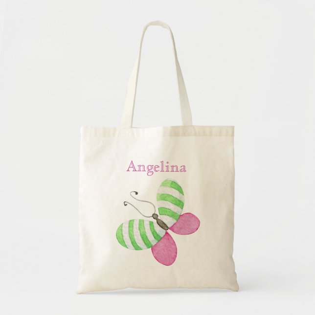 Pink Green Butterfly with Name Tote Bag (Front)