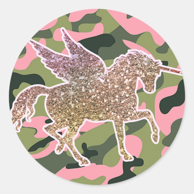 Pink Green Camo Camouflage & Gold Glitter Unicorn Classic Round Sticker (Front)