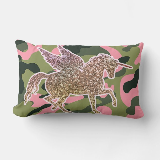 Pink Green Camo Camouflage & Gold Glitter Unicorn Lumbar Pillow (Front)