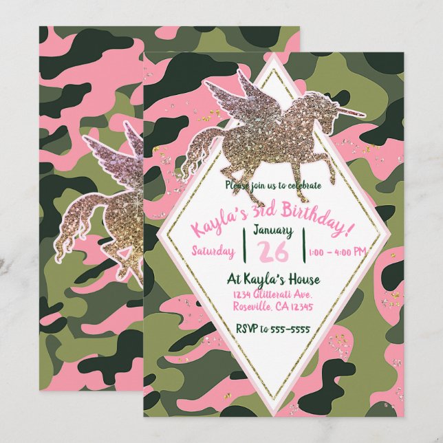 Pink Green Camo Camouflage & Gold Unicorn Party Invitation (Front/Back)