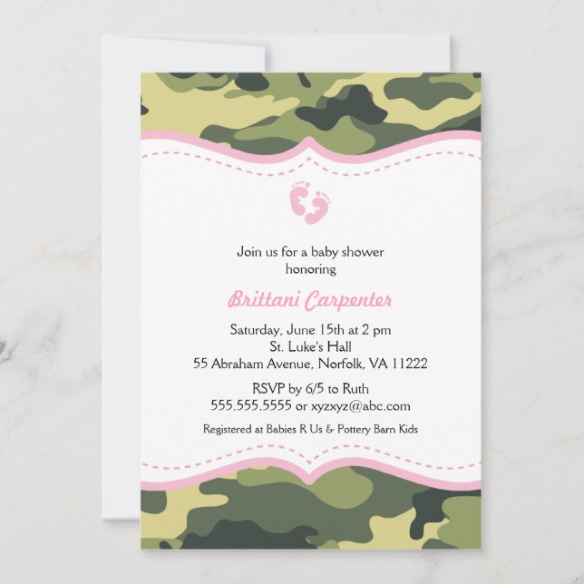 Pink & Green Camo Girl Baby shower Invitation pied (Devant)