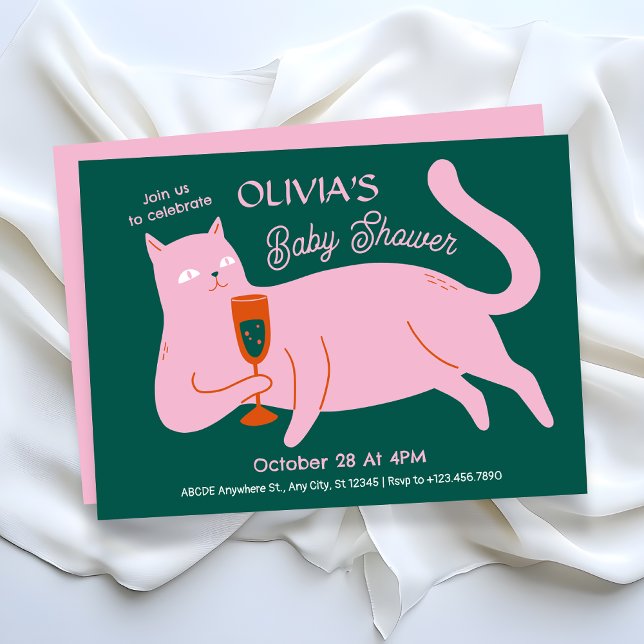 Pink green cat cute baby shower invitation (Creator Uploaded)