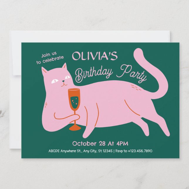 Pink green cat funny birthday invitation (Front)