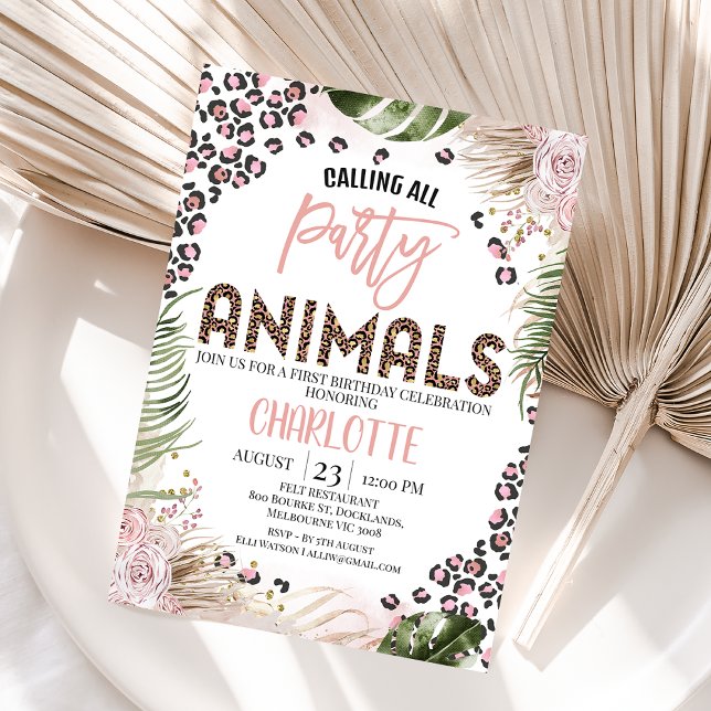 Pink Green Cheetah Print Safari 1st Birthday Invitation (Calling all party animals boho floral and foliage safari first birthday invitation for a girl.)