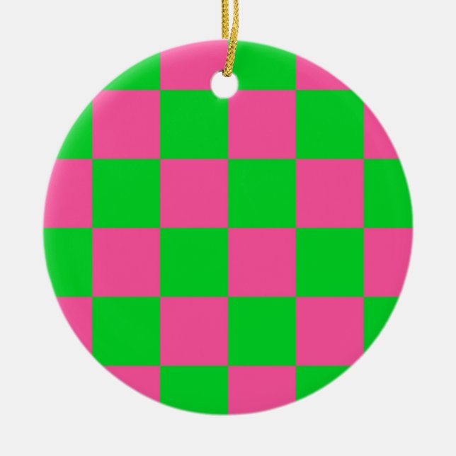 Pink Green Chequered Check Pattern Ceramic Ornament (Front)