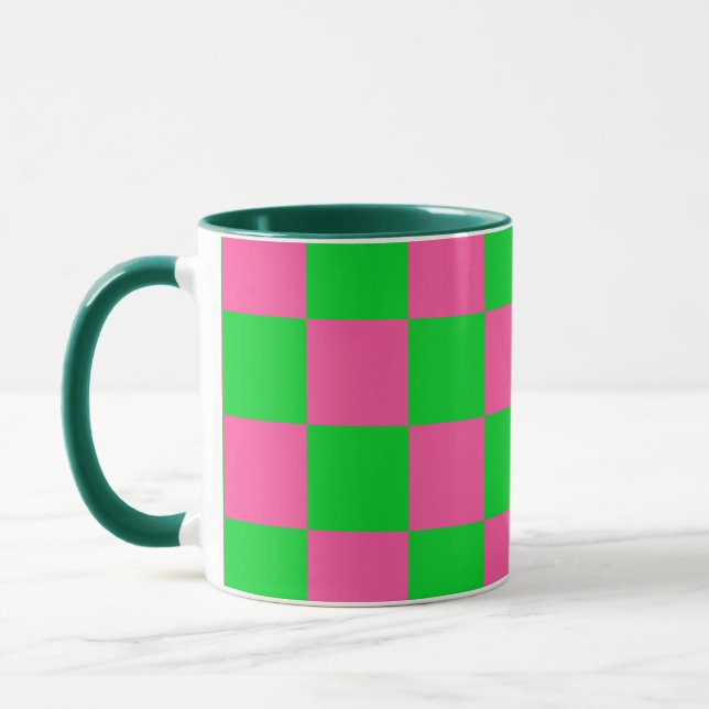 Pink Green Chequered Check Pattern Mug (Left)