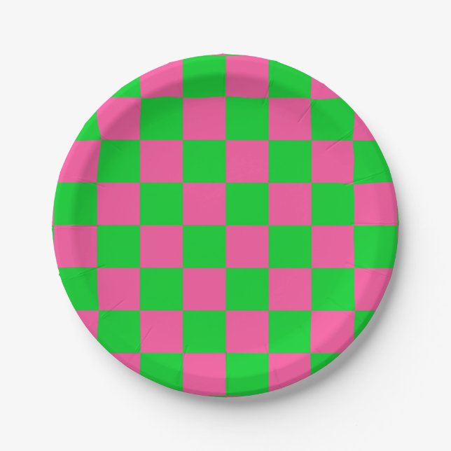 Pink Green Chequered Check Pattern Paper Plate (Front)