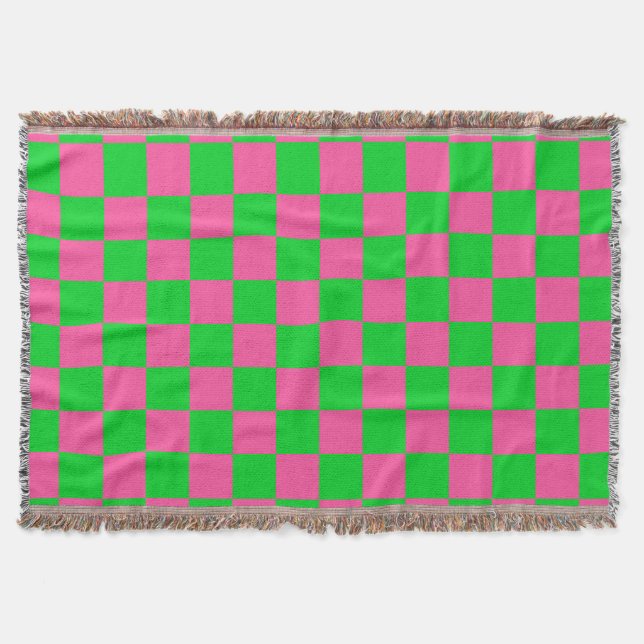 Pink Green Chequered Check Pattern Throw Blanket (Front)