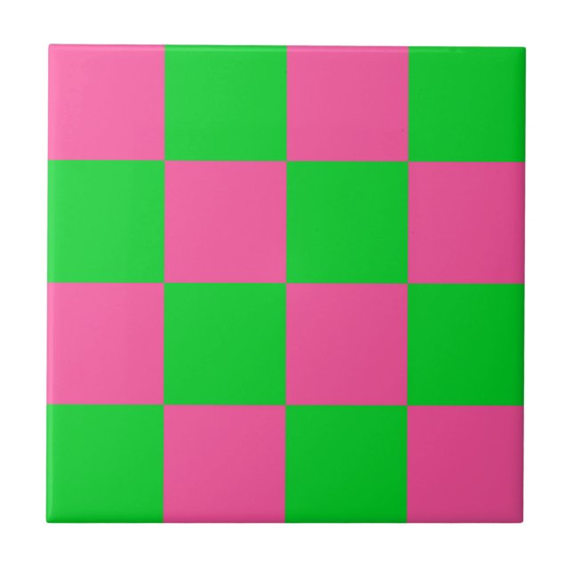 Pink Green Chequered Check Pattern Tile (Front)