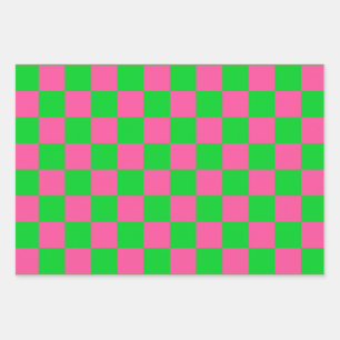 Pink Green Chequered Check Pattern Wrapping Paper Sheet