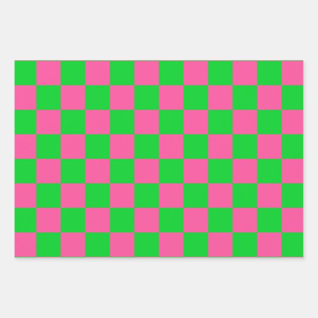 Pink Green Chequered Check Pattern Wrapping Paper Sheet (Front)