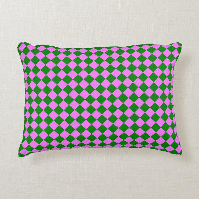 Pink Green Chequered Diamond Pattern Accent Pillow (Front)
