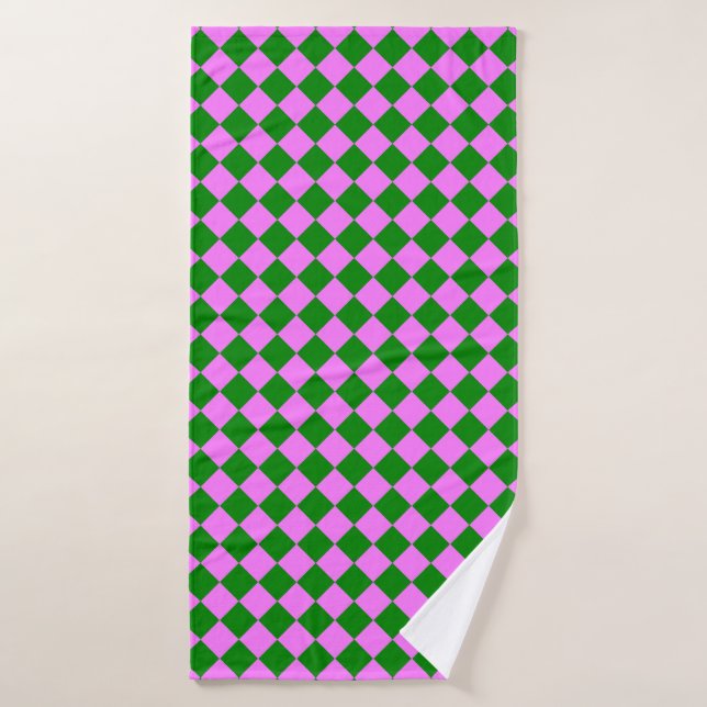Pink Green Chequered Diamond Pattern Bath Towel (Bath Towel)