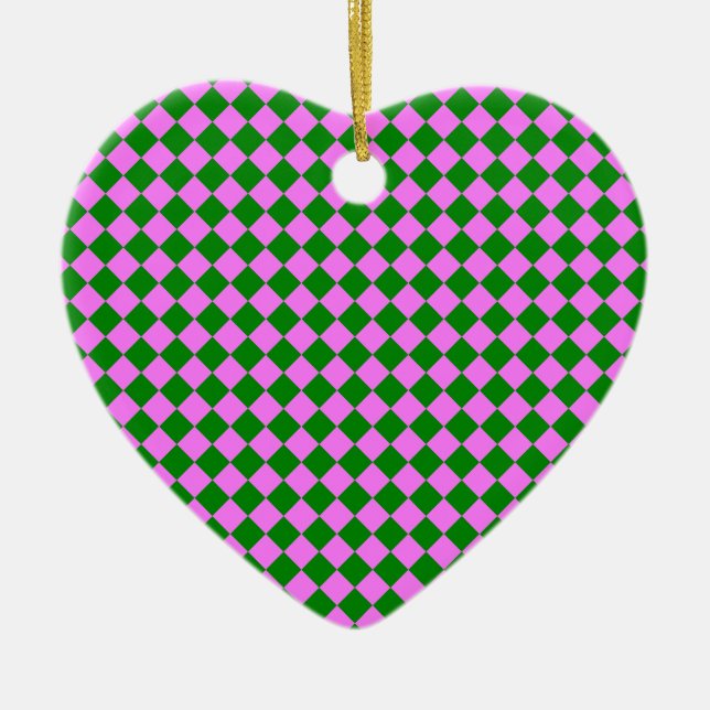 Pink Green Chequered Diamond Pattern Ceramic Ornament (Front)