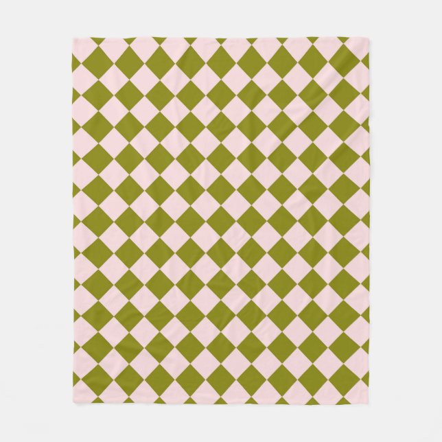 Pink Green Chequered Diamond Pattern Fleece Blanket (Front)