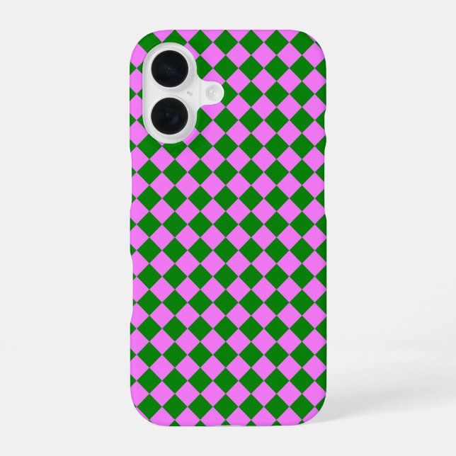 Pink Green Chequered Diamond Pattern iPhone 16 Case (Back)