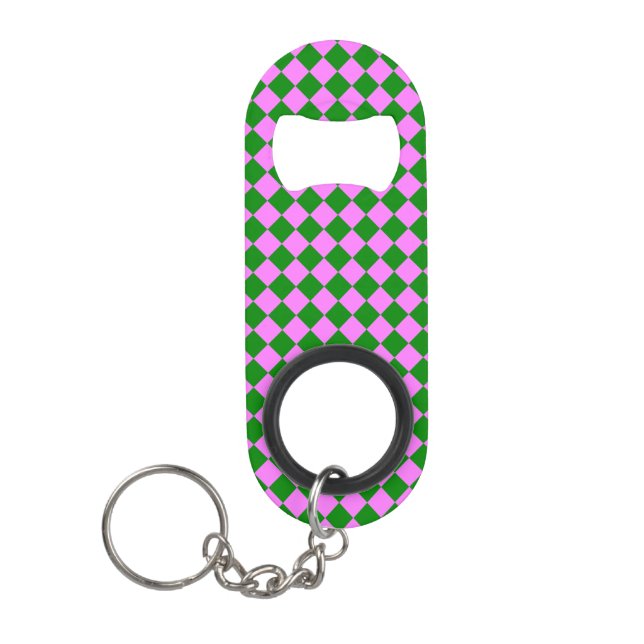 Pink Green Chequered Diamond Pattern Keychain Bottle Opener (Front)