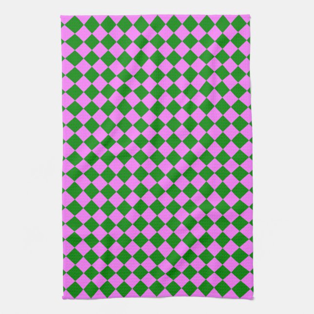 Pink Green Chequered Diamond Pattern Kitchen Towel (Vertical)