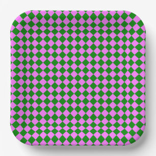 Pink Green Chequered Diamond Pattern Paper Plate