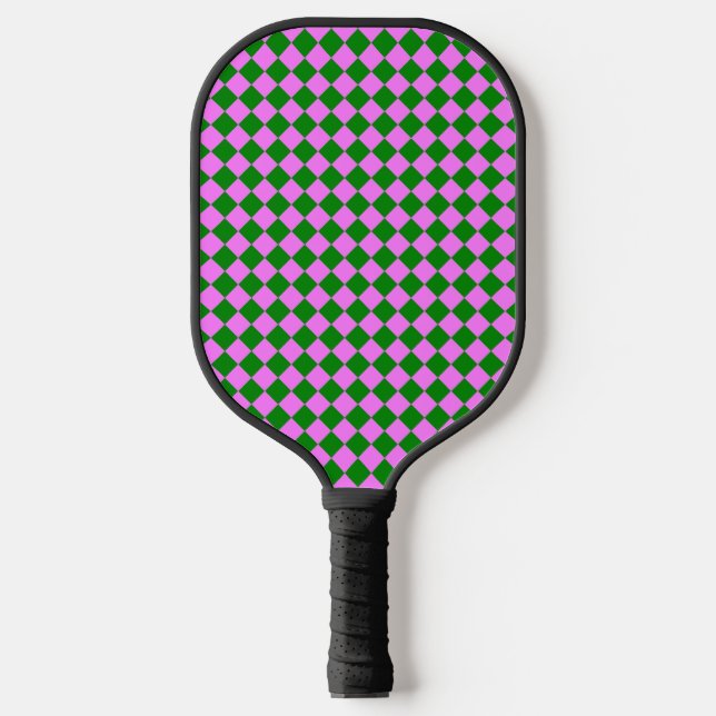Pink Green Chequered Diamond Pattern Pickleball Paddle (Front)