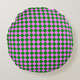 Pink Green Chequered Diamond Pattern Round Pillow