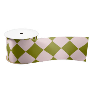 Pink Green Chequered Diamond Pattern Satin Ribbon