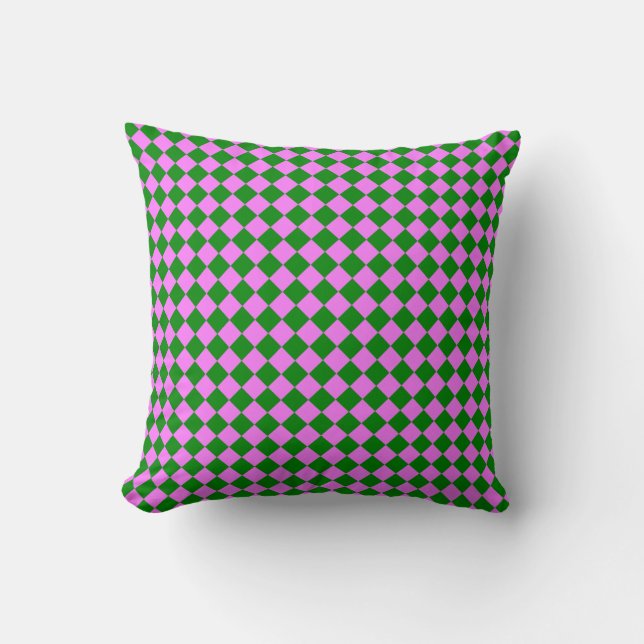 Pink Green Chequered Diamond Pattern Throw Pillow (Front)