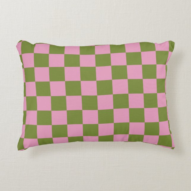 Pink Green Chequered Gingham Pattern Accent Pillow (Front)