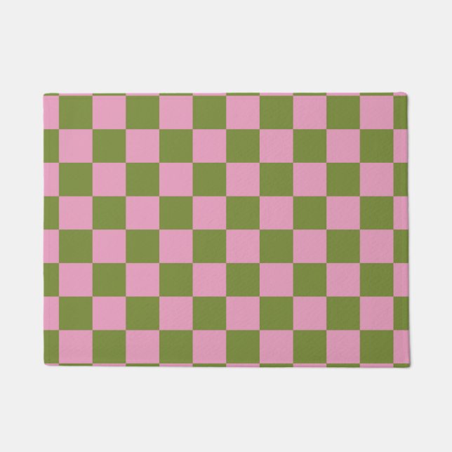 Pink Green Chequered Gingham Pattern Doormat (Front)