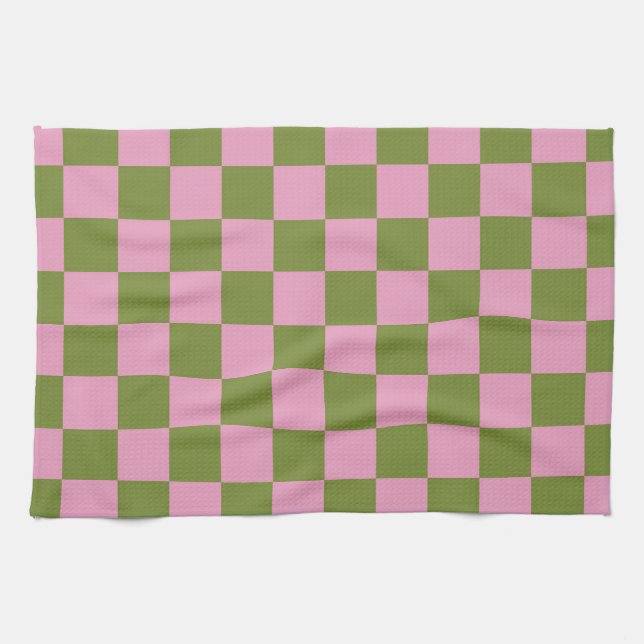 Pink Green Chequered Gingham Pattern Kitchen Towel (Horizontal)