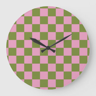 Pink Green Chequered Gingham Pattern Large Clock